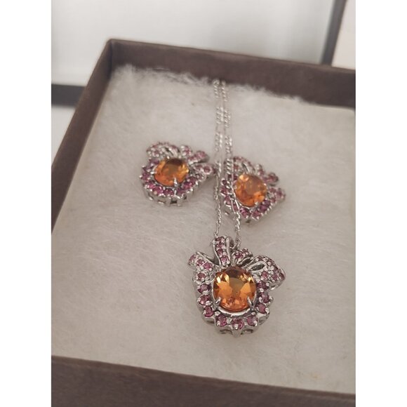 Women's 16" Sterling Silver Necklace & Pendant & Earrings Citrine & Garnet - Picture 10 of 10